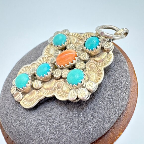 VTG James Shay Navajo Turquoise Coral Concho Design Cross Sterling Silver 925 2" - Picture 5 of 11
